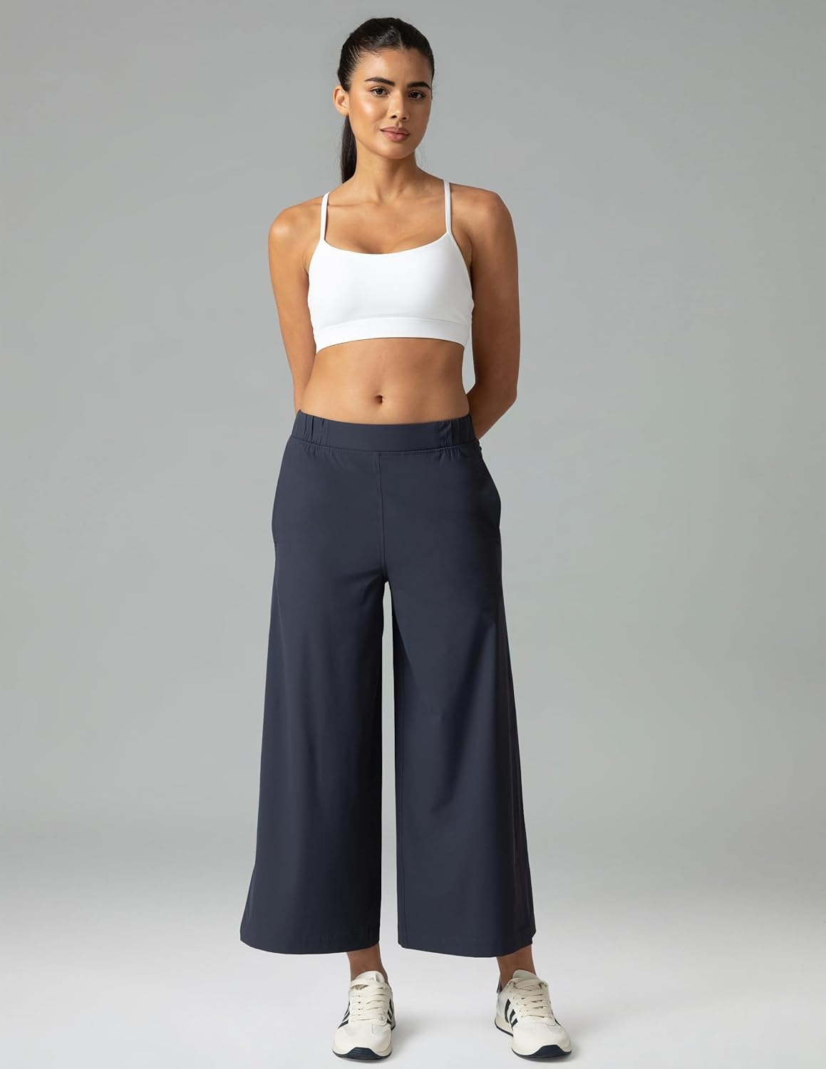 image:imageColorfulkoala Womens Lightweight Wide Leg Cropped Pants High Waisted Loose Casual Lounge Pants Trousers with PocketsBlue Ink