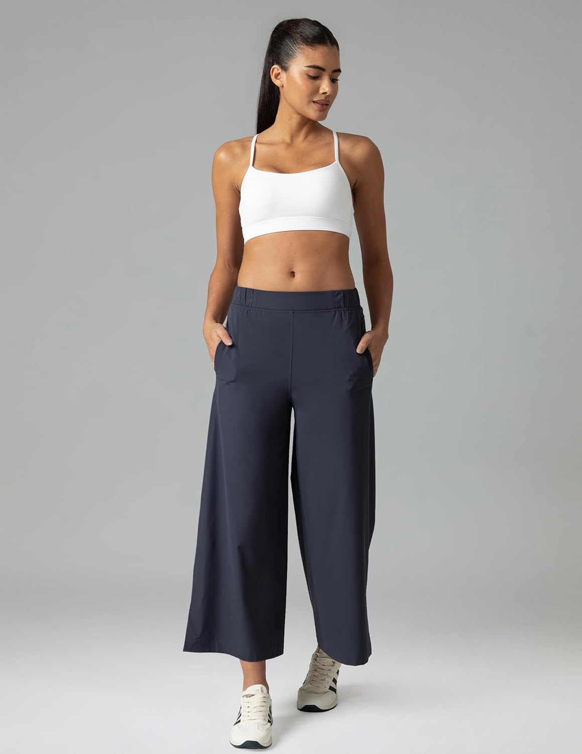 image:imageColorfulkoala Womens Lightweight Wide Leg Cropped Pants High Waisted Loose Casual Lounge Pants Trousers with PocketsBlue Ink