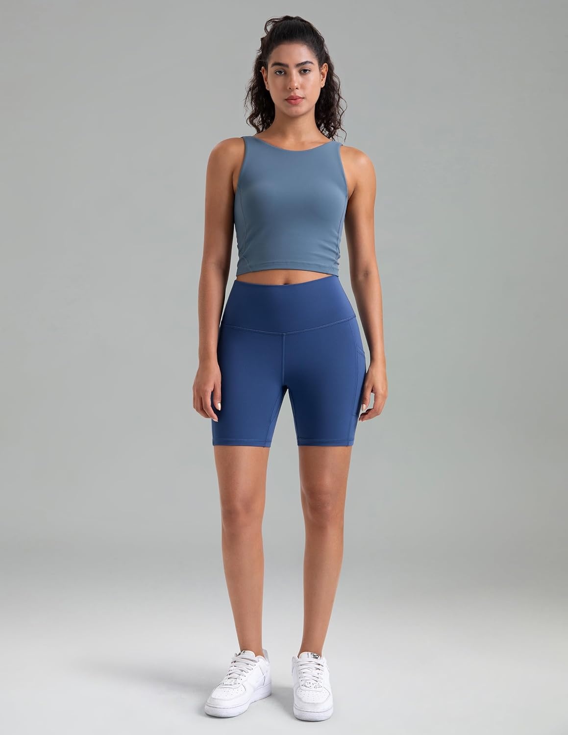 image:imageColorfulkoala Womens High Waisted Biker Shorts with Pockets 6 Inseam Yoga Tummy Control ShortBlue Grouper