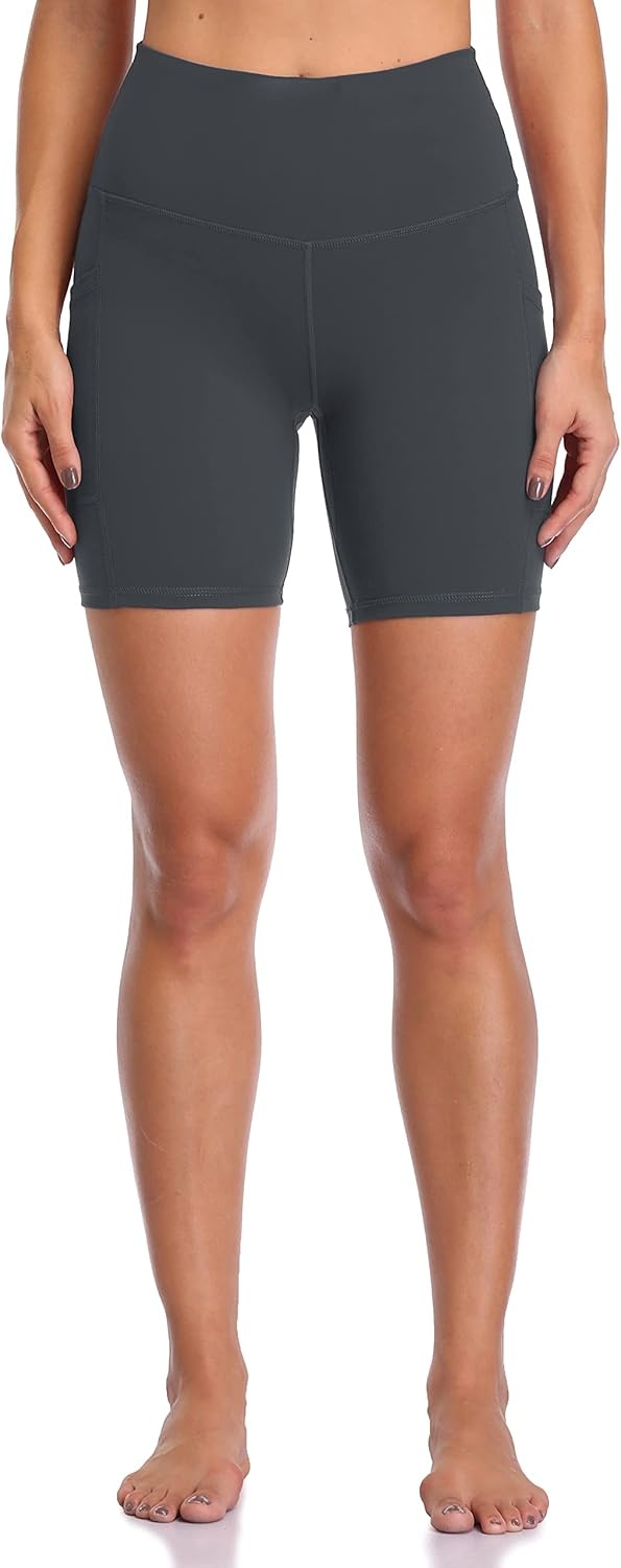 image:imageColorfulkoala Womens High Waisted Biker Shorts with Pockets 6 Inseam Yoga Tummy Control ShortCharcoal Grey