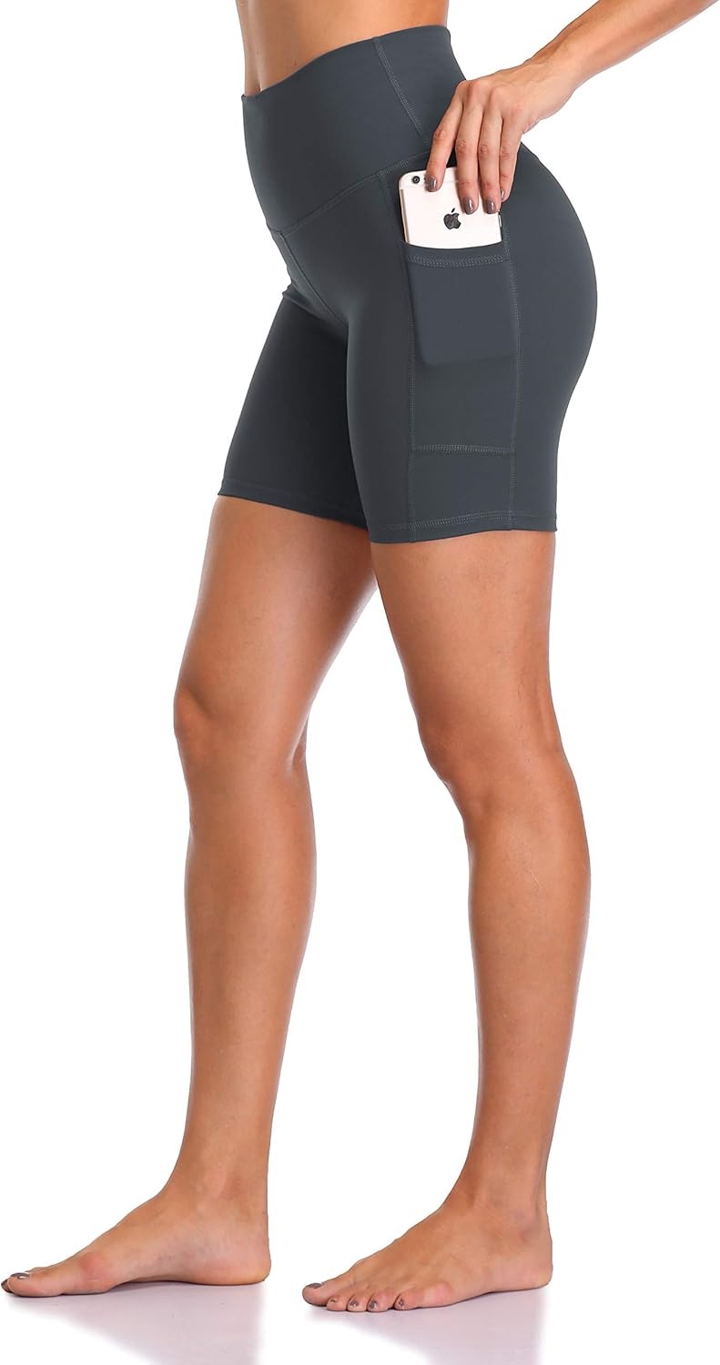 image:imageColorfulkoala Womens High Waisted Biker Shorts with Pockets 6 Inseam Yoga Tummy Control ShortCharcoal Grey