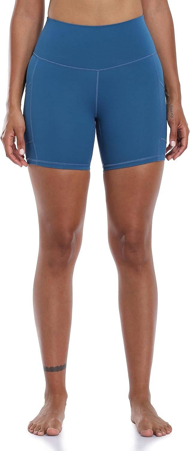 image:imageColorfulkoala Womens High Waisted Biker Shorts with Pockets 6 Inseam Yoga Tummy Control ShortClassic Blue
