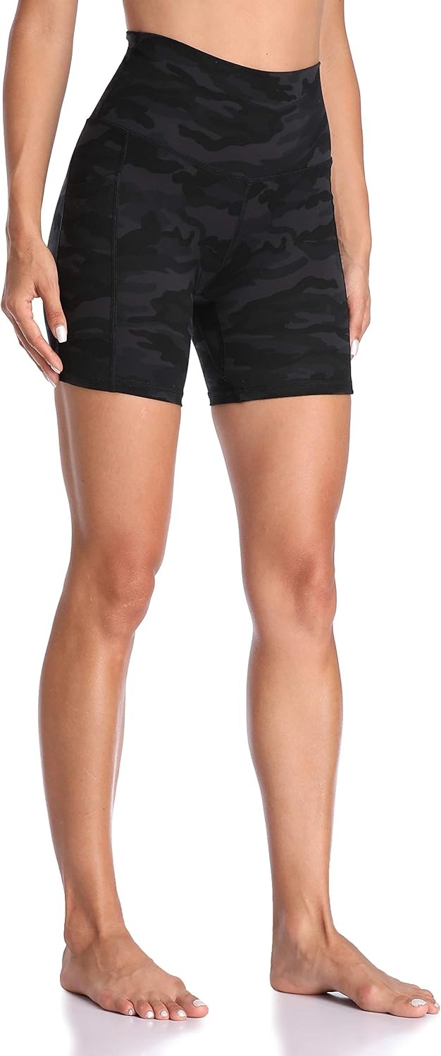 image:imageColorfulkoala Womens High Waisted Biker Shorts with Pockets 6 Inseam Yoga Tummy Control ShortDeep Grey Camo