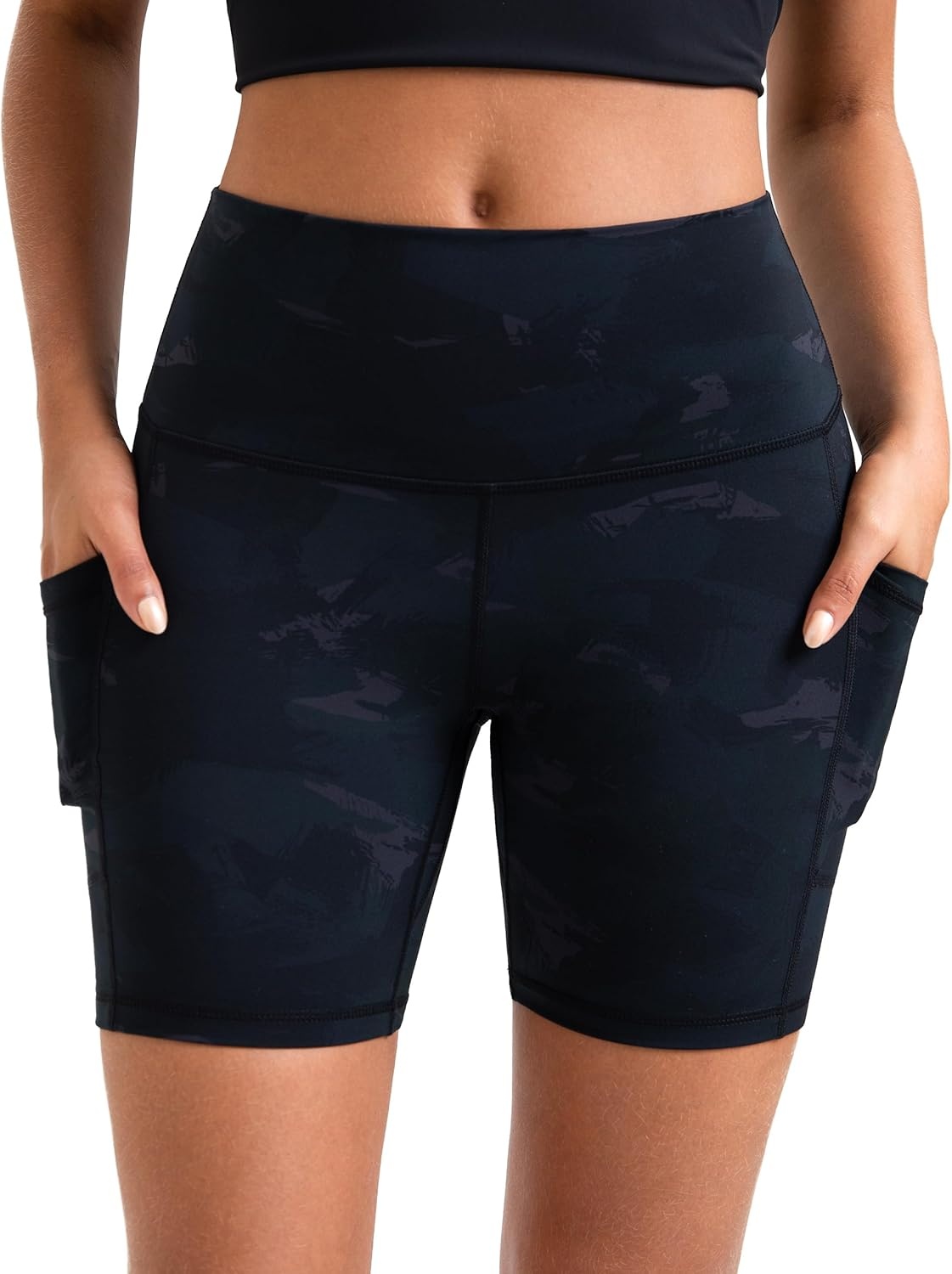 image:imageColorfulkoala Womens High Waisted Biker Shorts with Pockets 6 Inseam Yoga Tummy Control ShortDeep Grey Camo