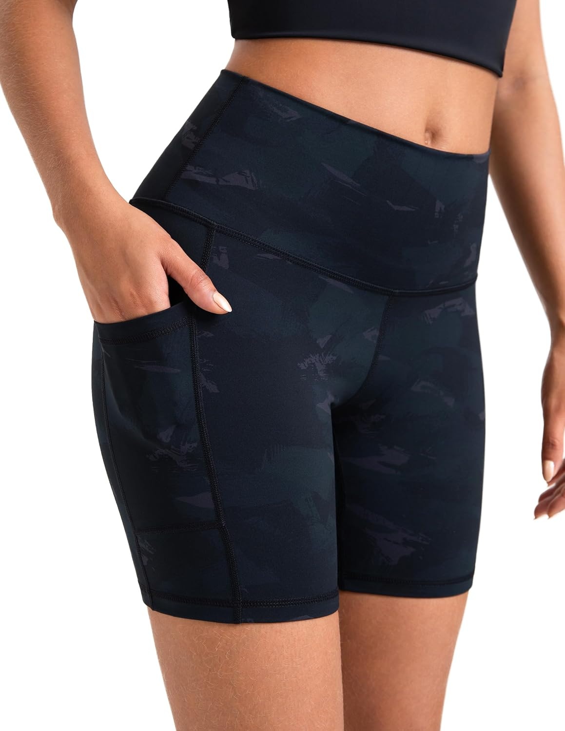 image:imageColorfulkoala Womens High Waisted Biker Shorts with Pockets 6 Inseam Yoga Tummy Control ShortDeep Grey Camo