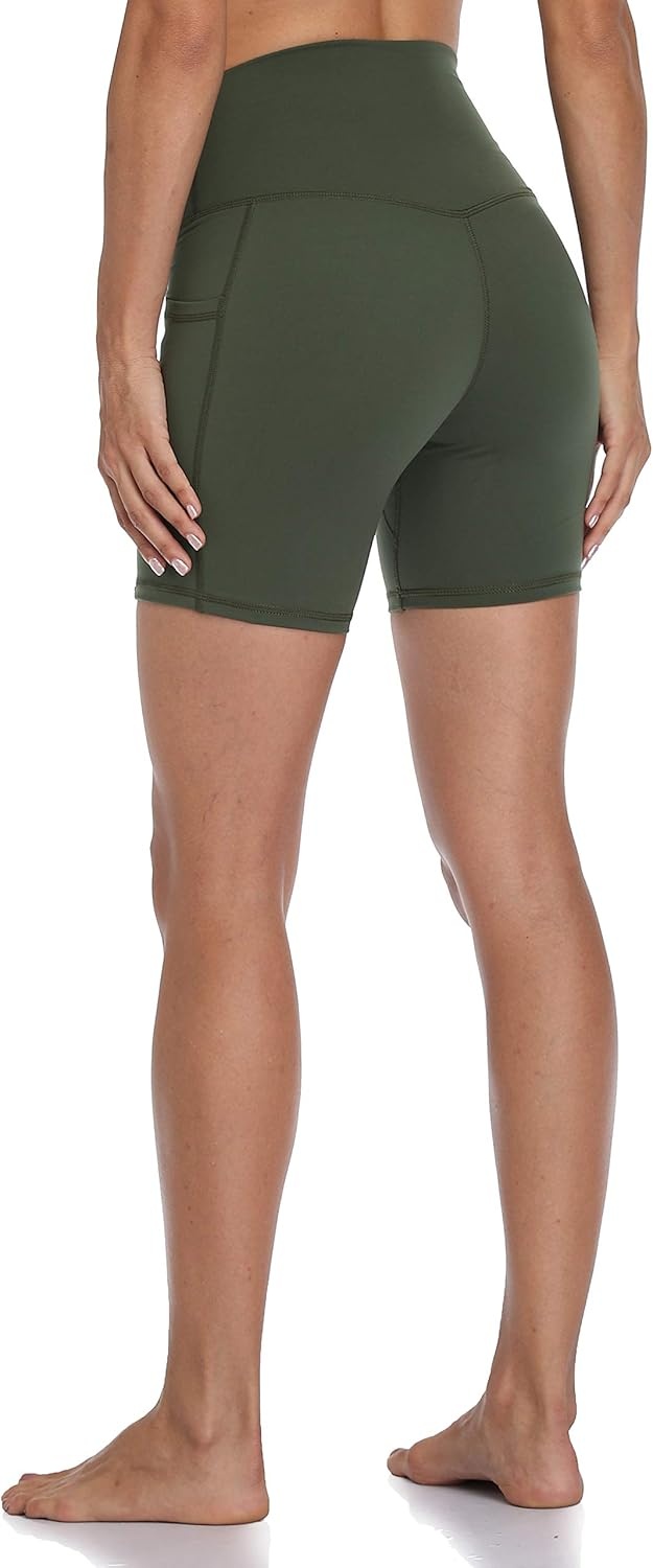 image:imageColorfulkoala Womens High Waisted Biker Shorts with Pockets 6 Inseam Yoga Tummy Control ShortOlive Green
