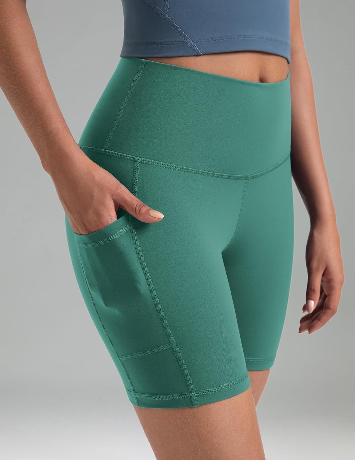 image:imageColorfulkoala Womens High Waisted Biker Shorts with Pockets 6 Inseam Yoga Tummy Control ShortSmoky Green