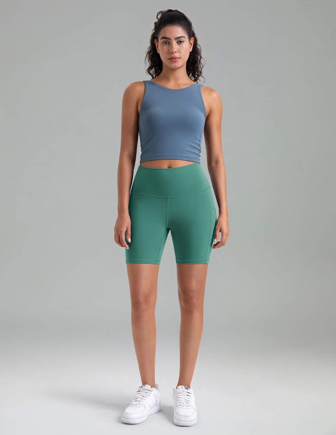 image:imageColorfulkoala Womens High Waisted Biker Shorts with Pockets 6 Inseam Yoga Tummy Control ShortSmoky Green
