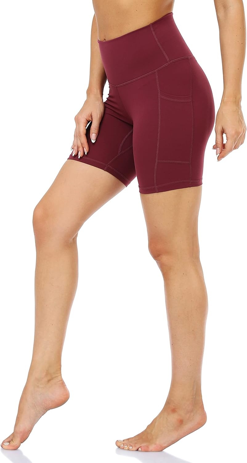 image:imageColorfulkoala Womens High Waisted Biker Shorts with Pockets 6 Inseam Yoga Tummy Control ShortWine Red