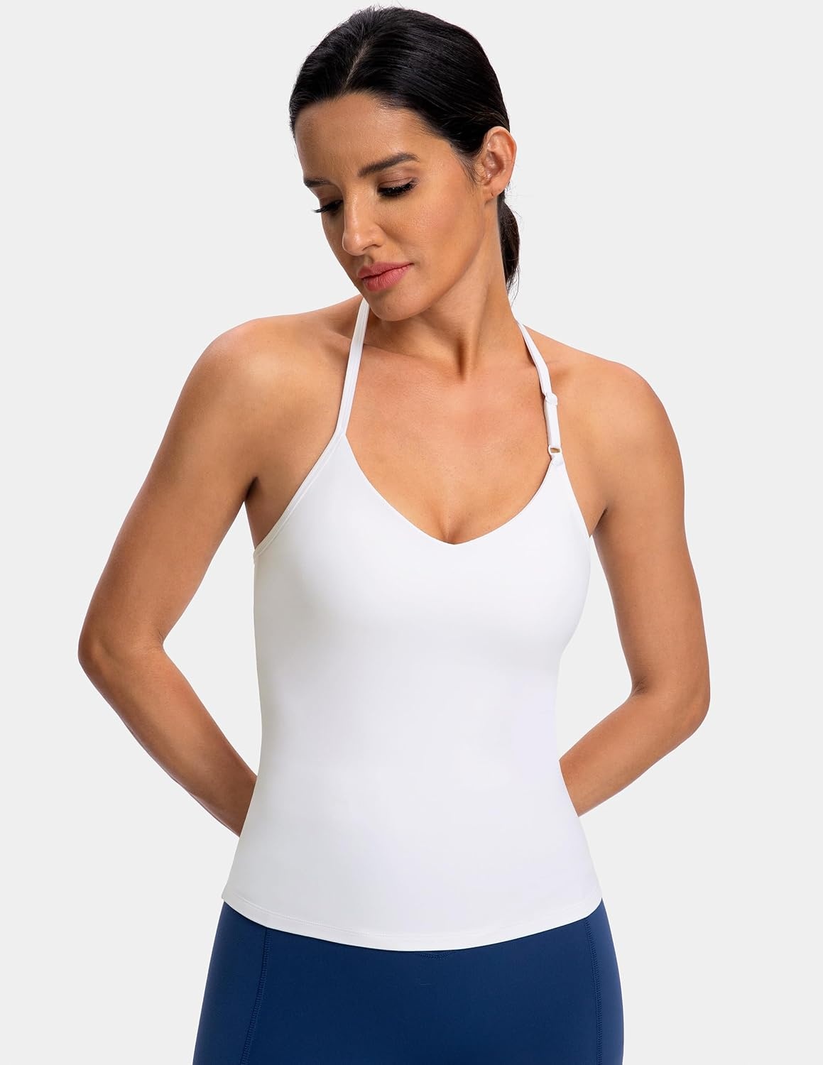 image:imageColorfulkoala Dreamlux Halter Tank Top Backless V Neck Builtin Bra Adjustable Spaghetti Strap Workout Yoga Crop TopWhite