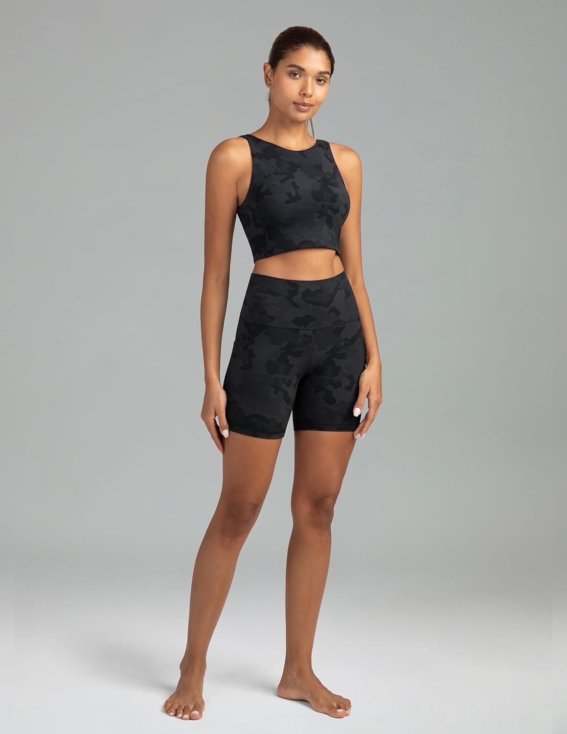 image:imageColorfulkoala Womens Dreamlux Biker Shorts with Pockets 6 Inseam High Waisted Workout Gym Yoga ShortsGrey Camouflage