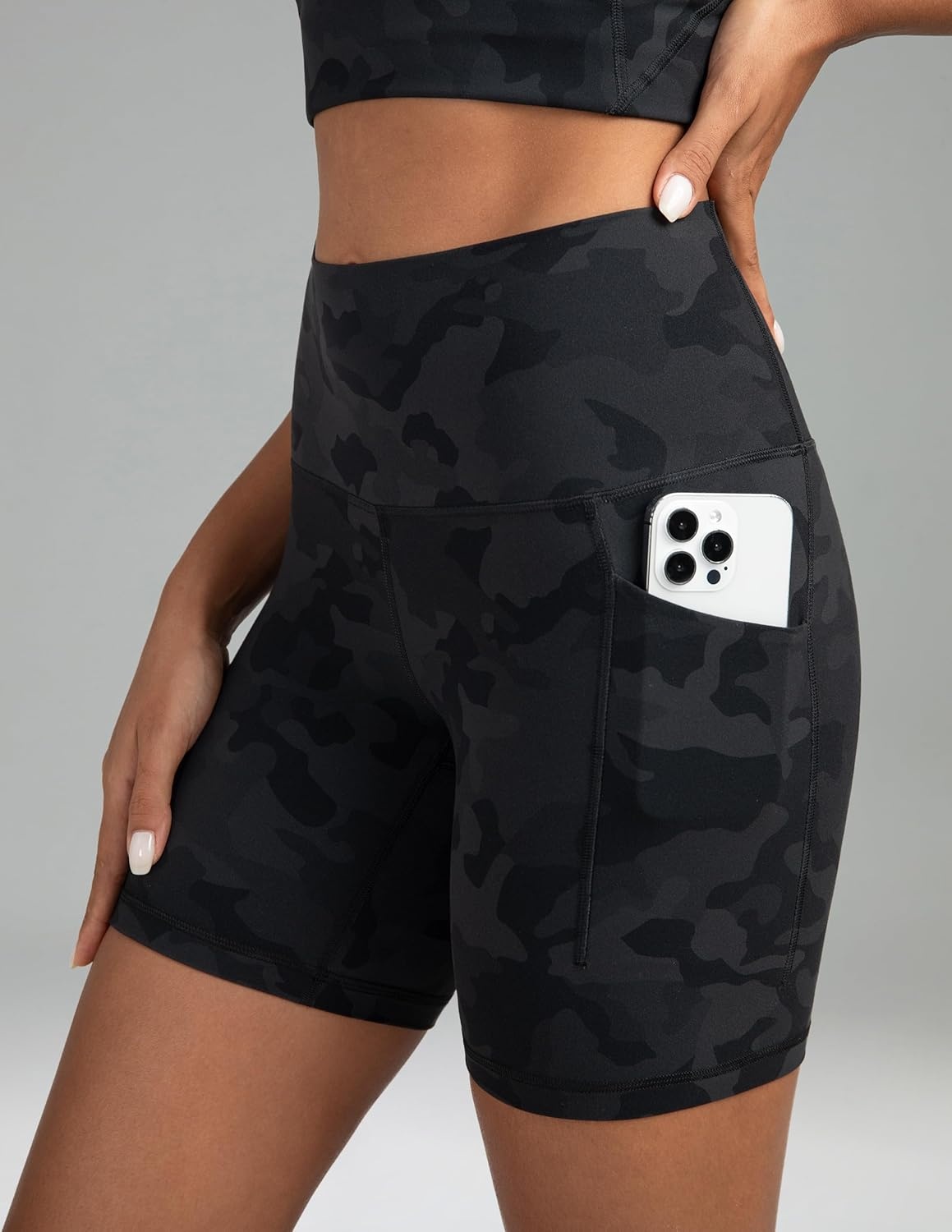 image:imageColorfulkoala Womens Dreamlux Biker Shorts with Pockets 6 Inseam High Waisted Workout Gym Yoga ShortsGrey Camouflage