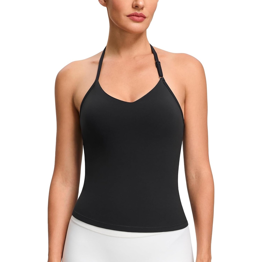 image:imageColorfulkoala Dreamlux Halter Tank Top Backless V Neck Builtin Bra Adjustable Spaghetti Strap Workout Yoga Crop TopBlack