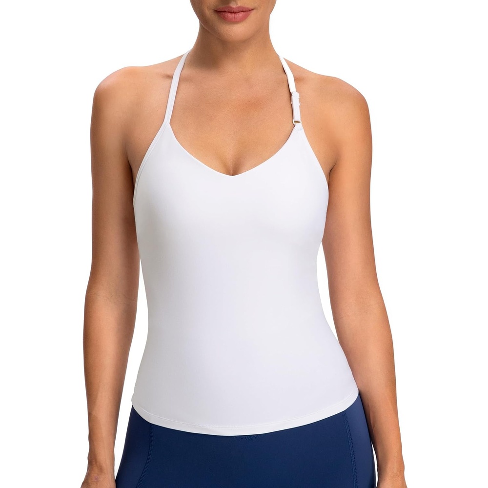 image:imageColorfulkoala Dreamlux Halter Tank Top Backless V Neck Builtin Bra Adjustable Spaghetti Strap Workout Yoga Crop TopWhite