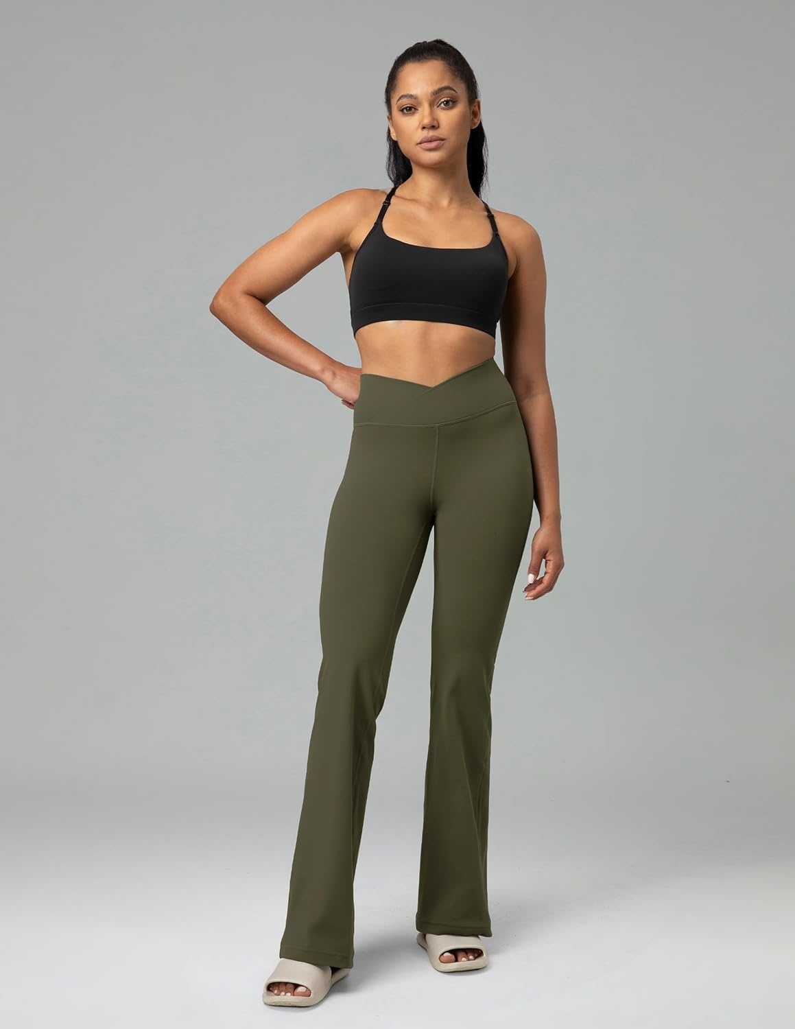 image:imageColorfulkoala Womens Dreamlux Crossover Flare Leggings High Waisted Tummy Control Wide Leg Yoga Pants 295 315 InseamOlive