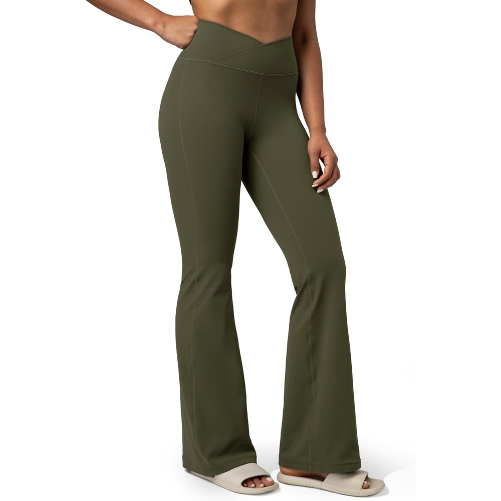 image:imageColorfulkoala Womens Dreamlux Crossover Flare Leggings High Waisted Tummy Control Wide Leg Yoga Pants 295 315 InseamOlive