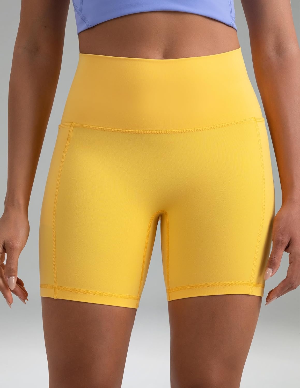 image:imageColorfulkoala Dreamlux No Front Seam High Waist Biker Shorts with Pockets for Women 6 Inseam Tummy Control Yoga ShortBlazing Yellow