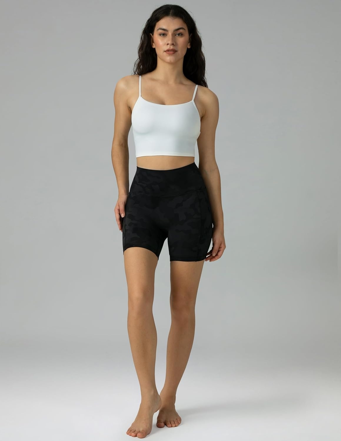 image:imageColorfulkoala Dreamlux No Front Seam High Waist Biker Shorts with Pockets for Women 6 Inseam Tummy Control Yoga ShortGrey Camouflage