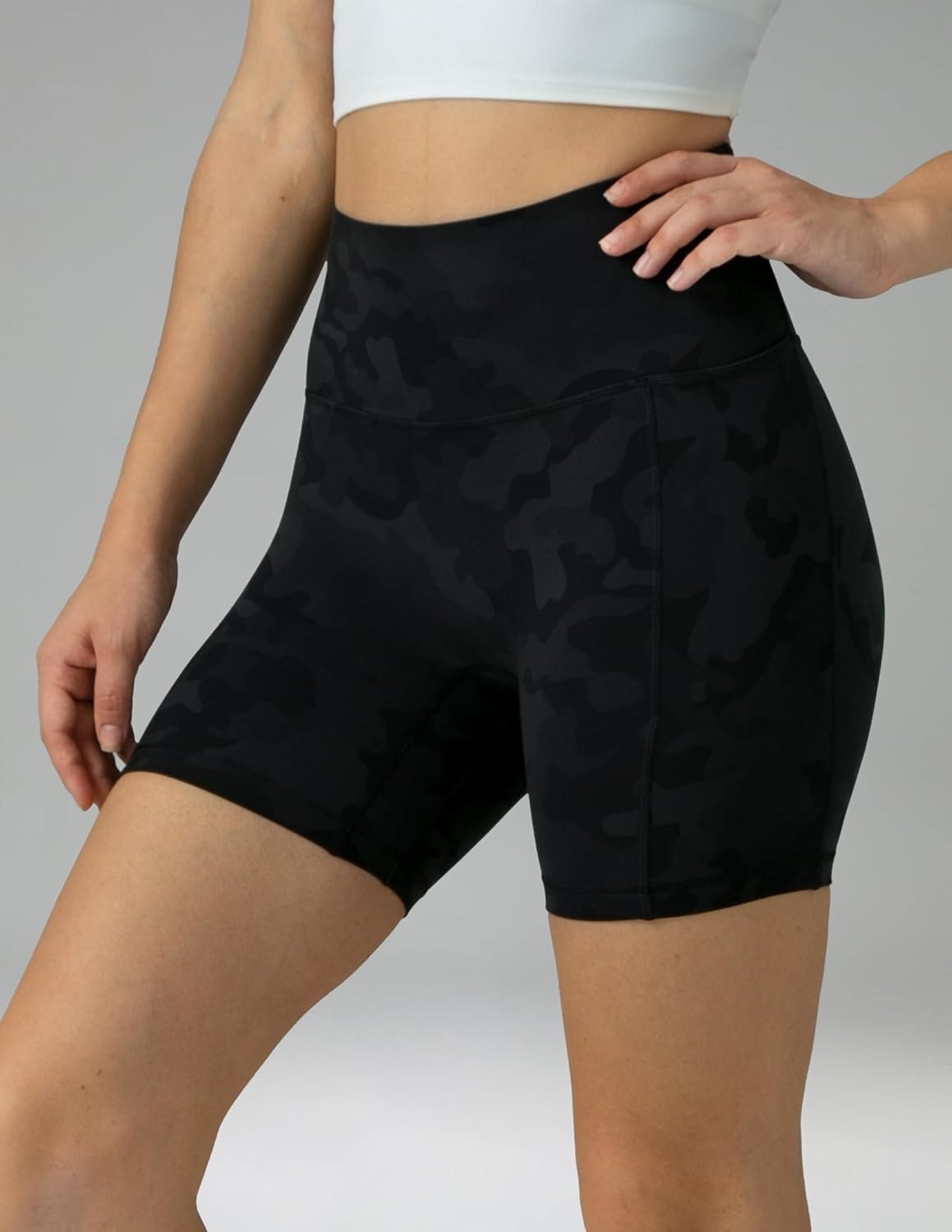 image:imageColorfulkoala Dreamlux No Front Seam High Waist Biker Shorts with Pockets for Women 6 Inseam Tummy Control Yoga ShortGrey Camouflage
