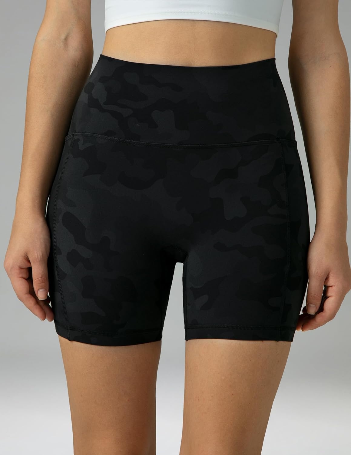 image:imageColorfulkoala Dreamlux No Front Seam High Waist Biker Shorts with Pockets for Women 6 Inseam Tummy Control Yoga ShortGrey Camouflage