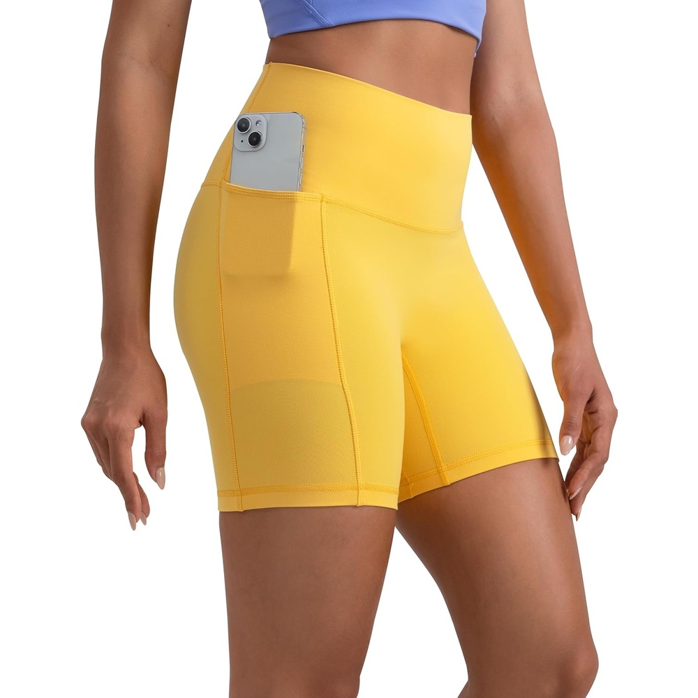 image:imageColorfulkoala Dreamlux No Front Seam High Waist Biker Shorts with Pockets for Women 6 Inseam Tummy Control Yoga ShortBlazing Yellow