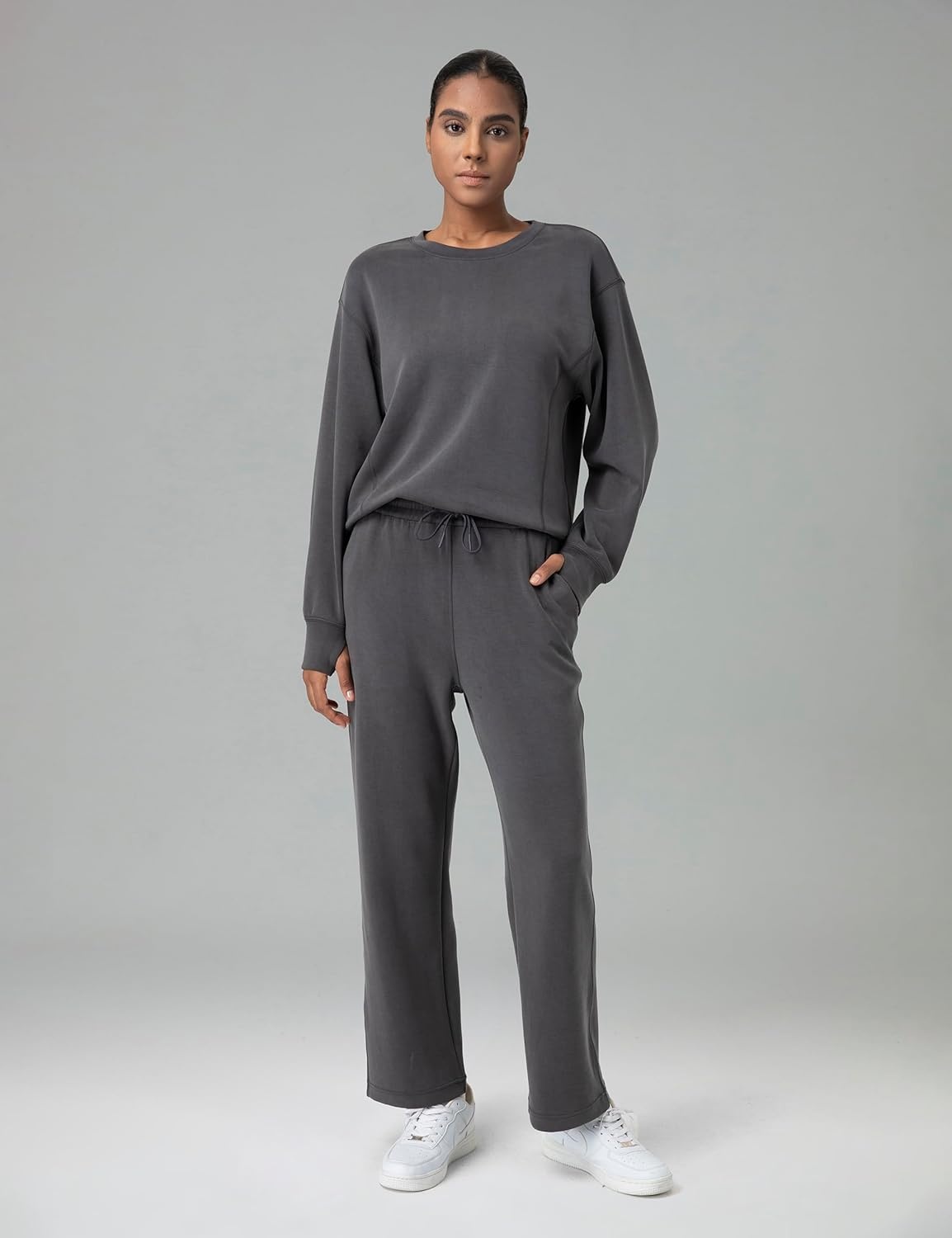 image:imageColorfulkoala Womens High Waisted Soft Drawstring Velvra Modal Sweatpants Wide Leg Casual Lounge Pants with PocketsDark Carbon