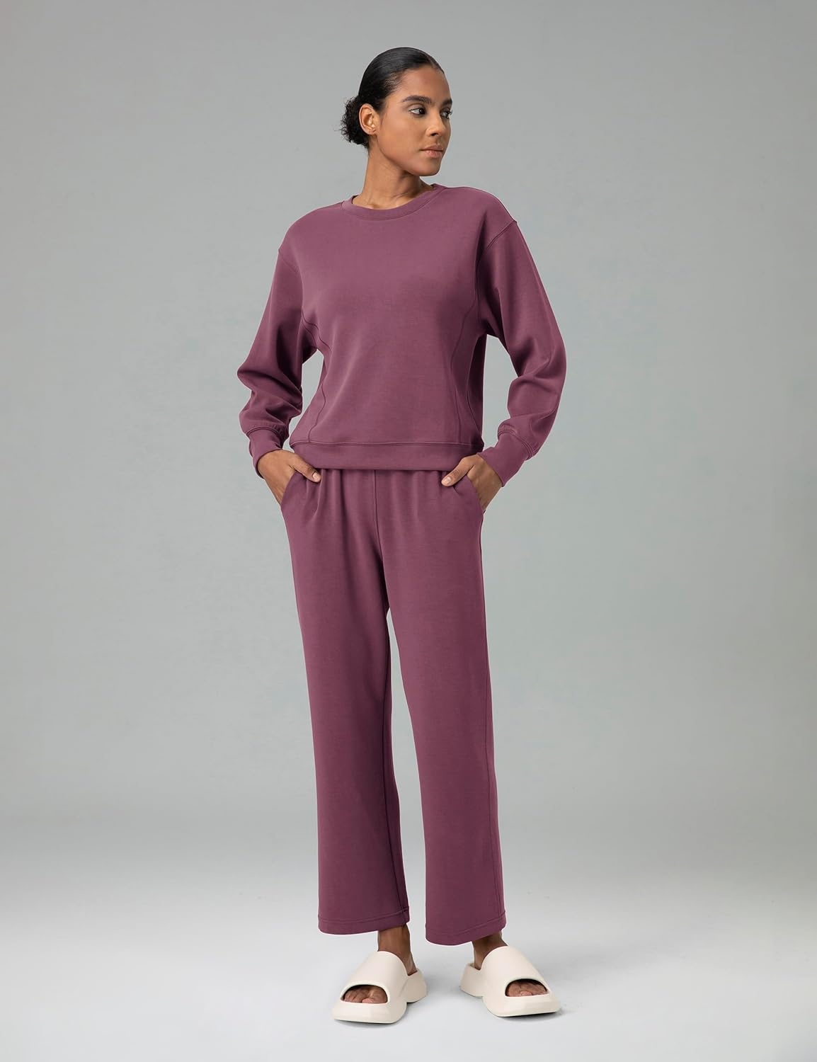 image:imageColorfulkoala Womens High Waisted Soft Drawstring Velvra Modal Sweatpants Wide Leg Casual Lounge Pants with PocketsPlum Red