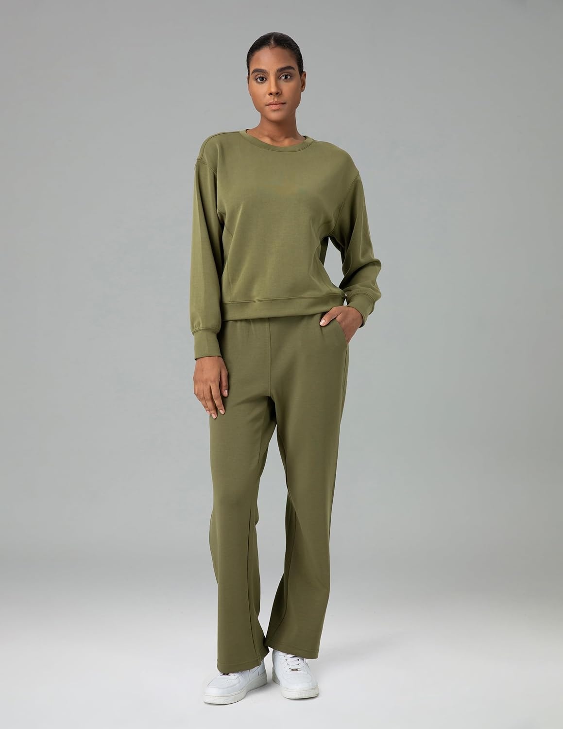 image:imageColorfulkoala Womens Long Sleeve Athletic Sweatshirt Crewneck Velvra Modal Pullover TopsOlive