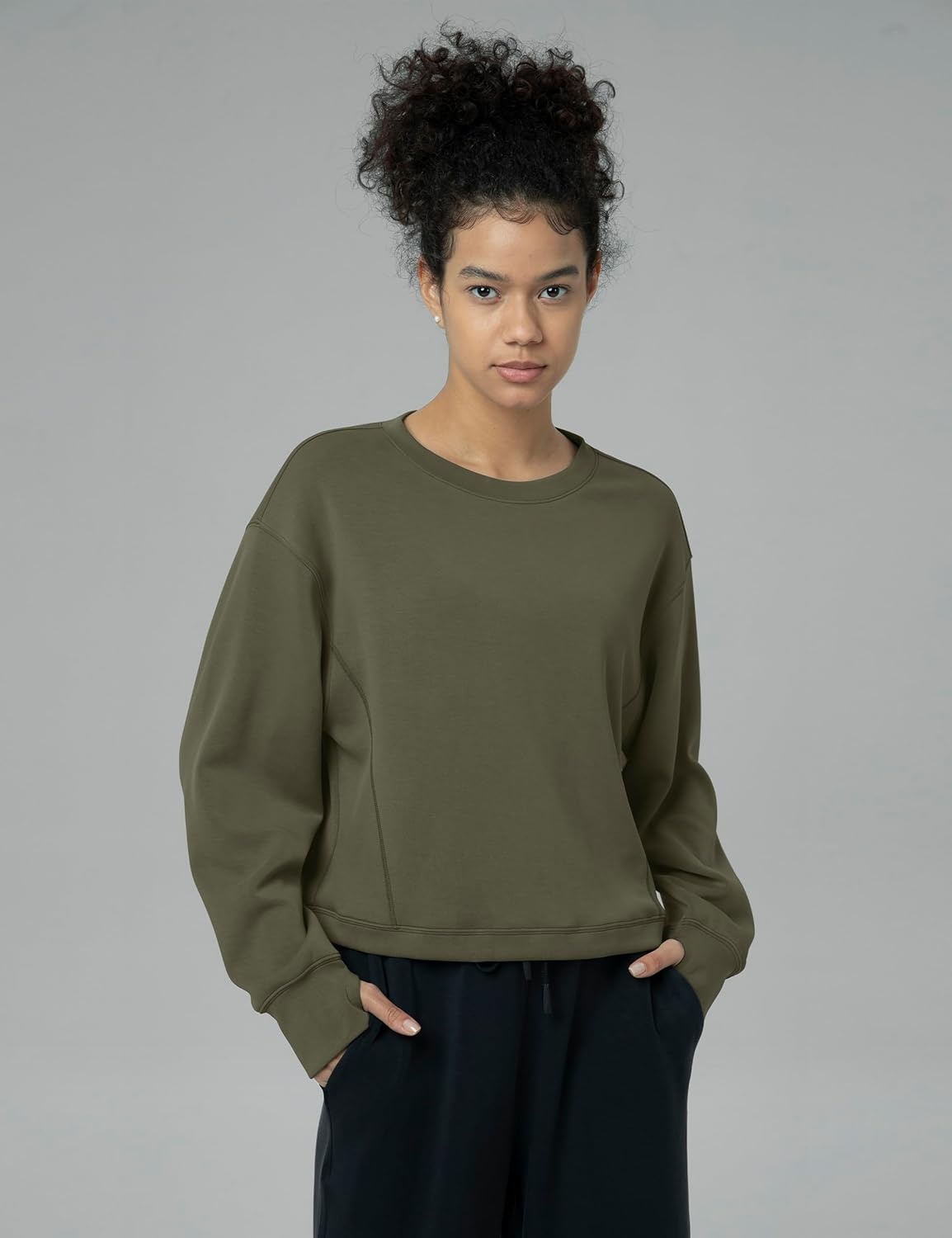 image:imageColorfulkoala Womens Long Sleeve Athletic Sweatshirt Crewneck Velvra Modal Pullover TopsOlive