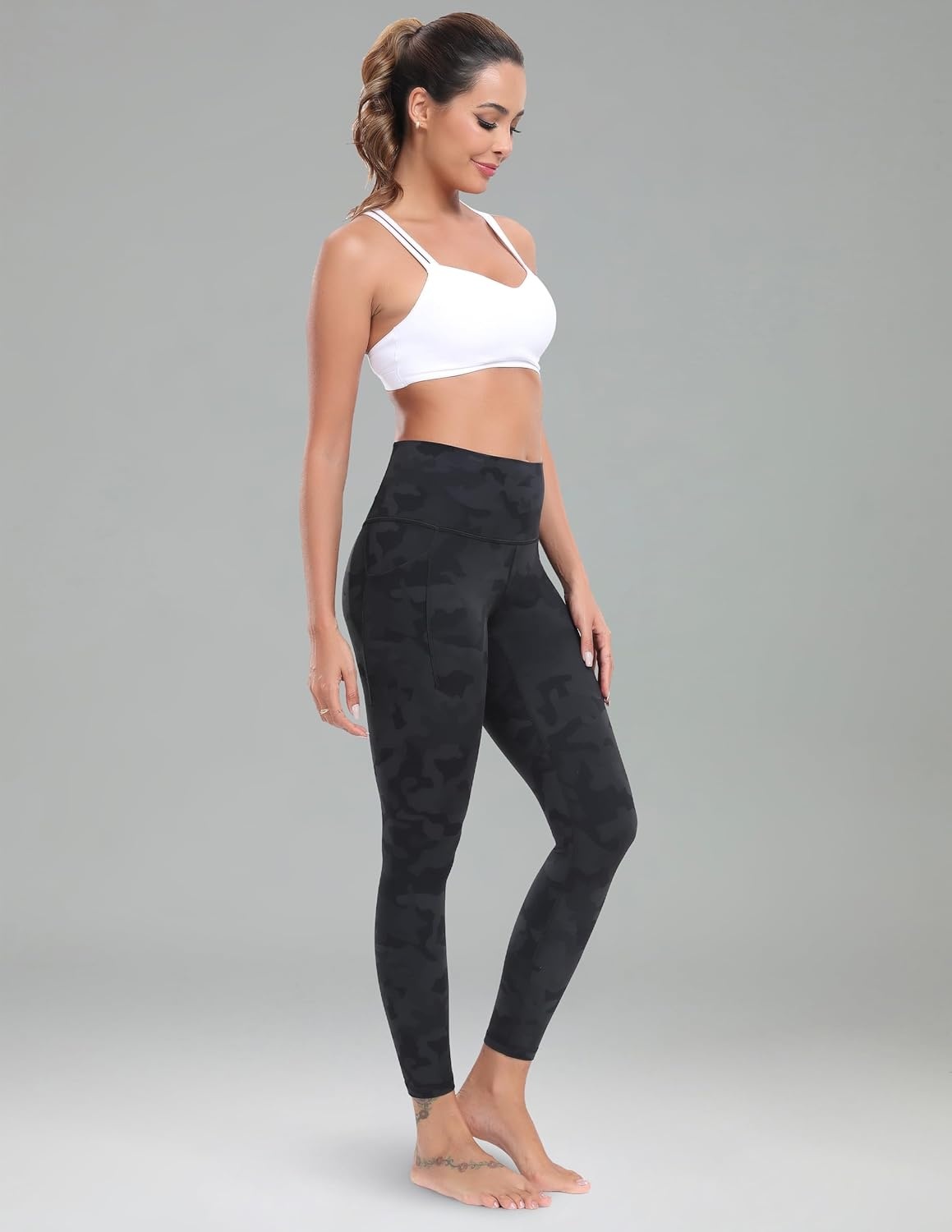 image:imageColorfulkoala Womens Dreamlux High Waisted Workout Leggings 25 28 Inseam Yoga Pants with PocketsGrey Camouflage