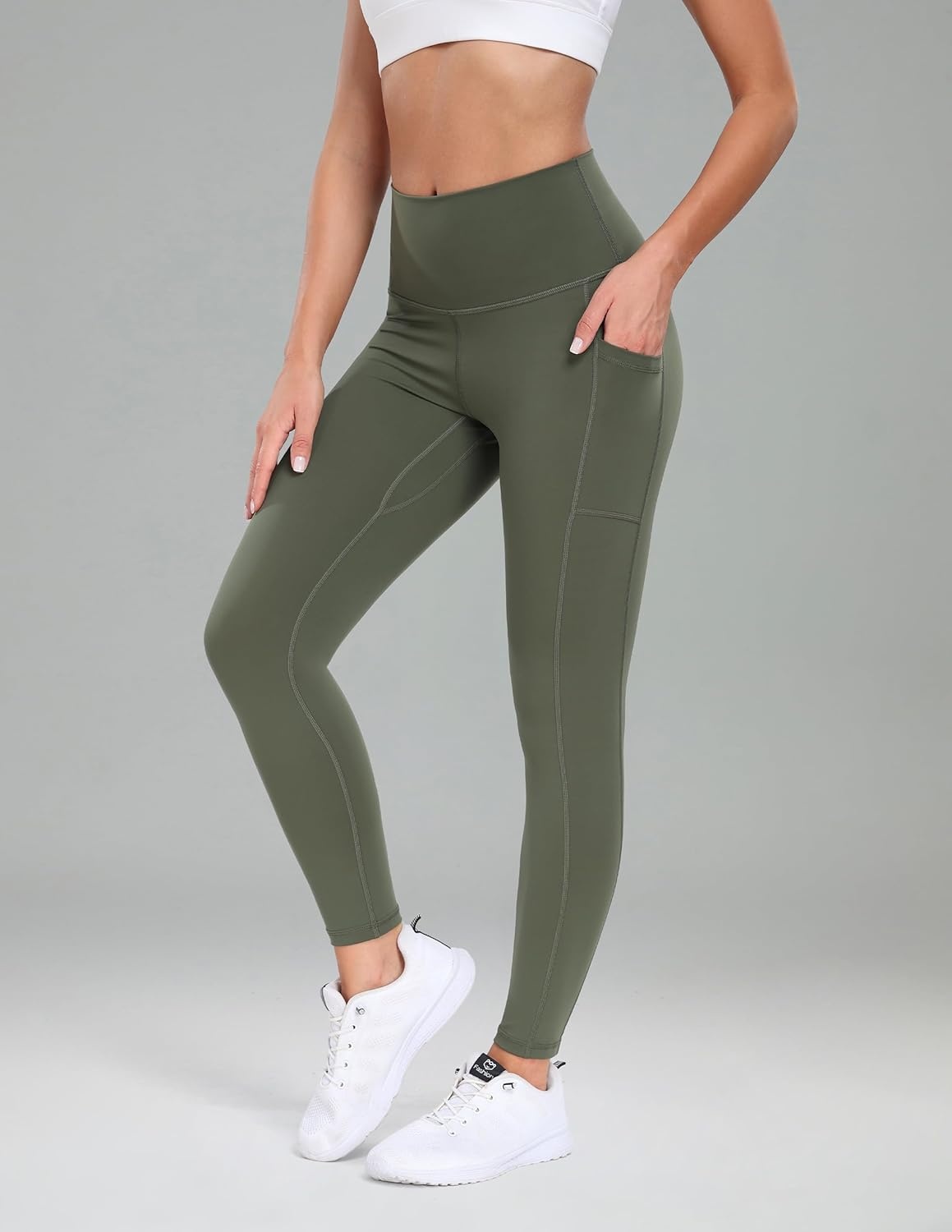 image:imageColorfulkoala Womens High Waisted Yoga Pants 78 Length Leggings with PocketsArmy Green