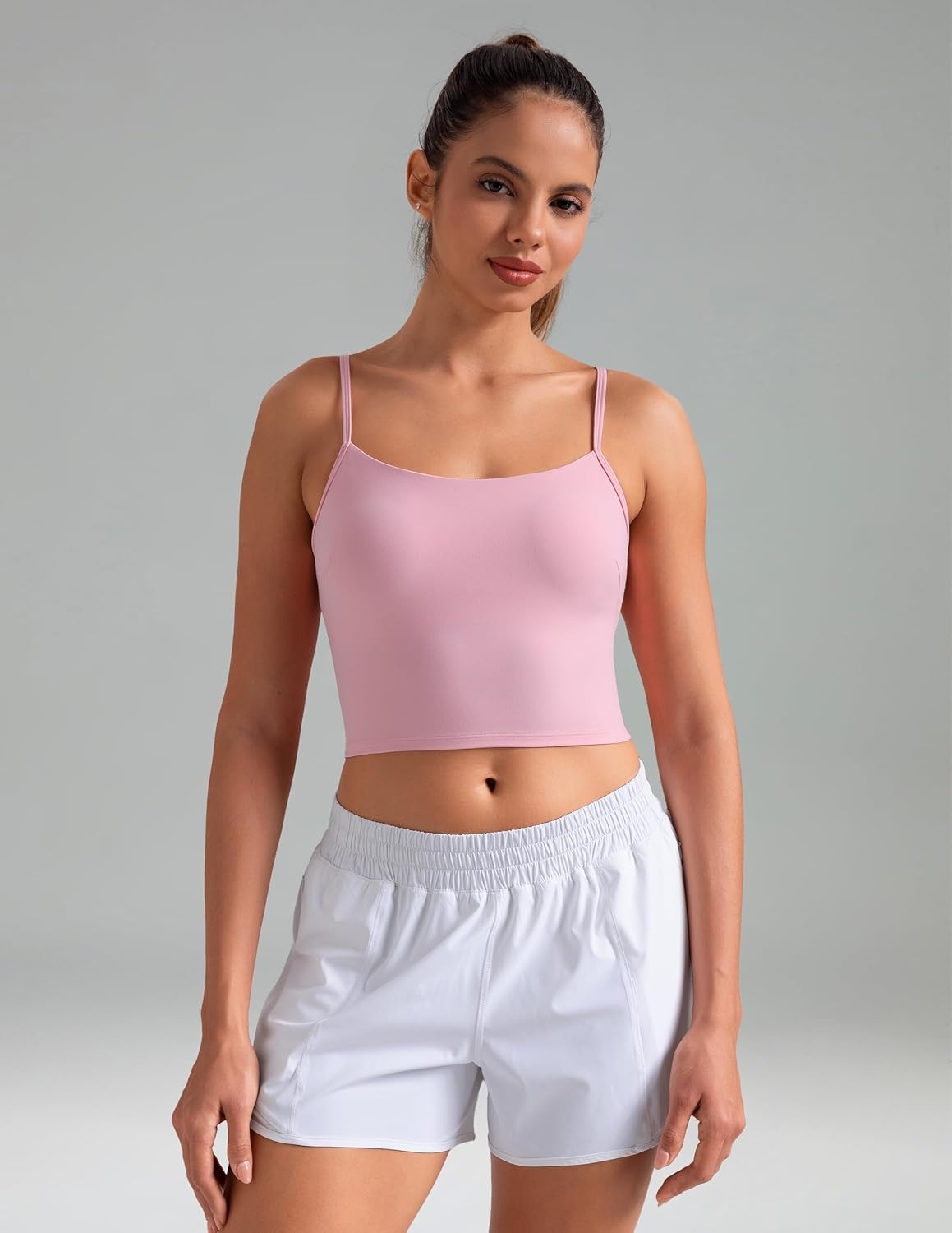 image:imageColorfulkoala Womens Dreamlux Crop Tank Tops with Built in Bra Adjustable Spaghetti Strap Workout Yoga CamisoleAlmond Blossom