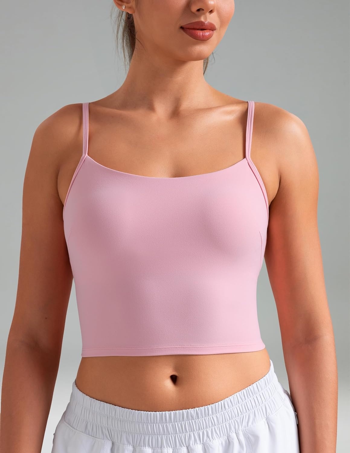 image:imageColorfulkoala Womens Dreamlux Crop Tank Tops with Built in Bra Adjustable Spaghetti Strap Workout Yoga CamisoleAlmond Blossom