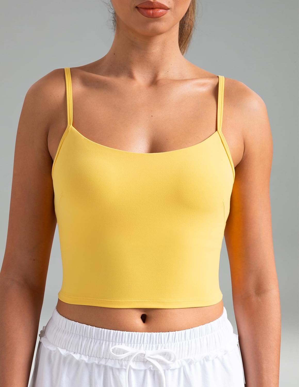 image:imageColorfulkoala Womens Dreamlux Crop Tank Tops with Built in Bra Adjustable Spaghetti Strap Workout Yoga CamisoleBlazing Yellow