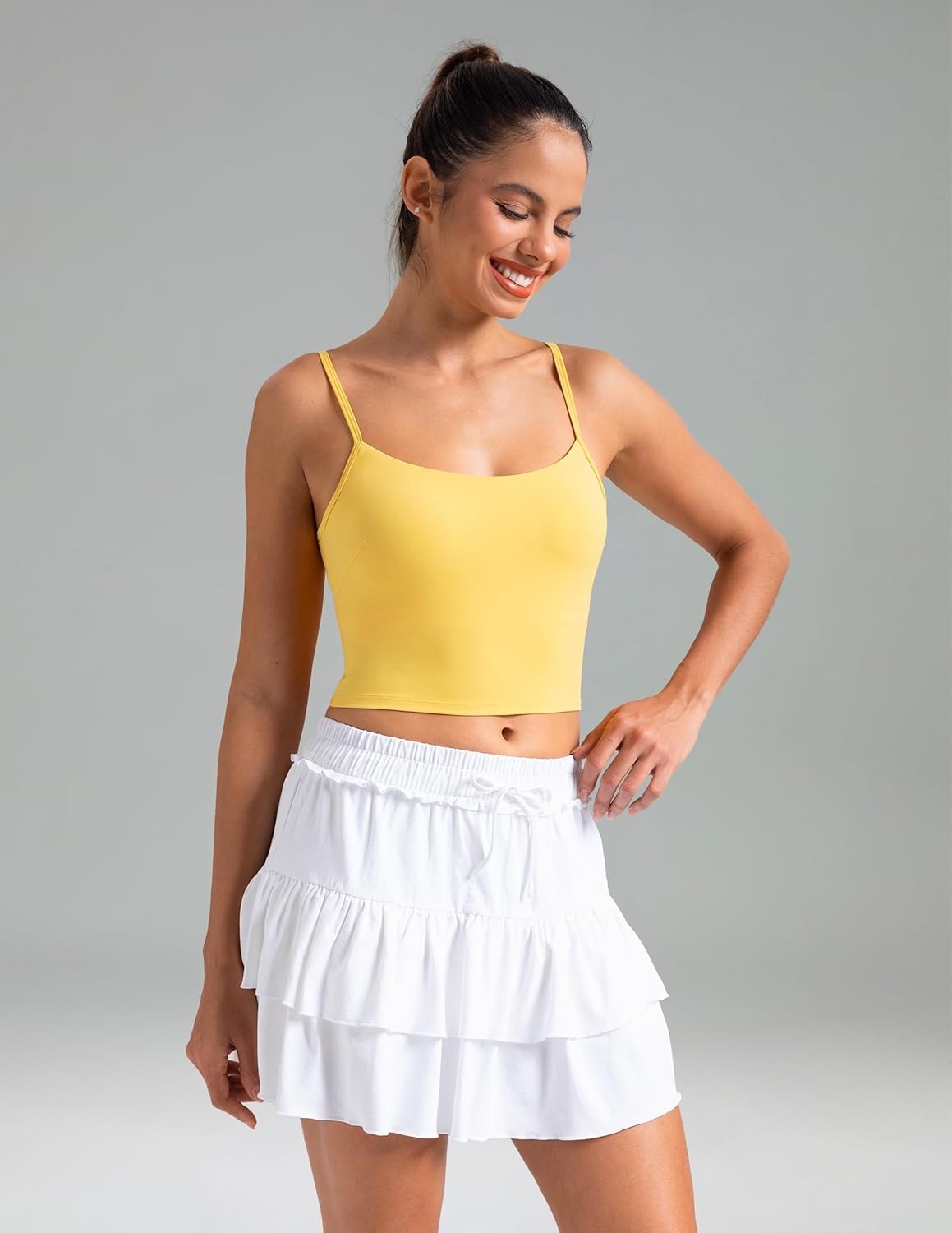 image:imageColorfulkoala Womens Dreamlux Crop Tank Tops with Built in Bra Adjustable Spaghetti Strap Workout Yoga CamisoleBlazing Yellow