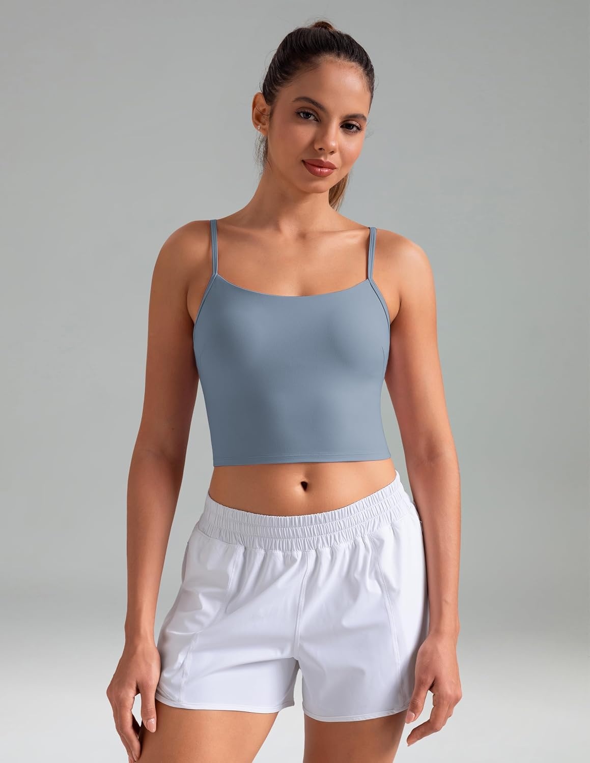 image:imageColorfulkoala Womens Dreamlux Crop Tank Tops with Built in Bra Adjustable Spaghetti Strap Workout Yoga CamisoleChambray