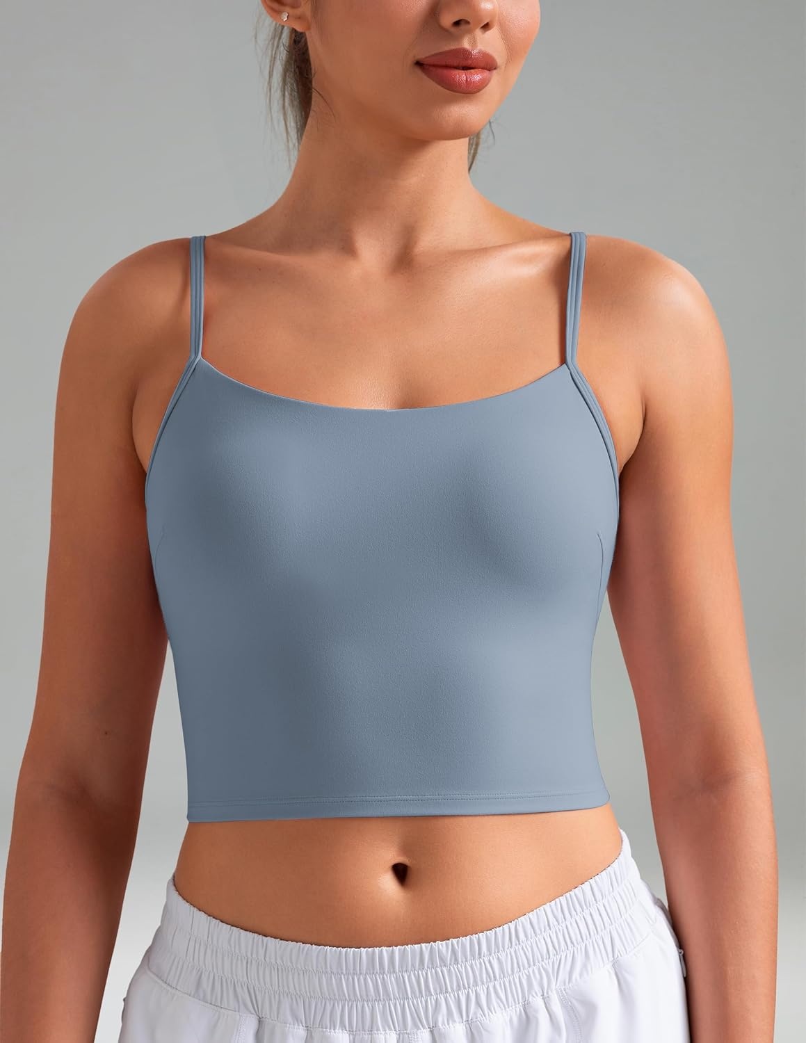 image:imageColorfulkoala Womens Dreamlux Crop Tank Tops with Built in Bra Adjustable Spaghetti Strap Workout Yoga CamisoleChambray