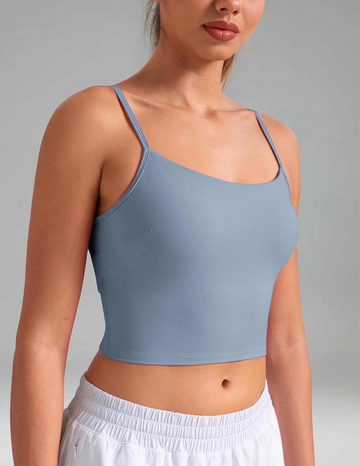 image:imageColorfulkoala Womens Dreamlux Crop Tank Tops with Built in Bra Adjustable Spaghetti Strap Workout Yoga CamisoleChambray