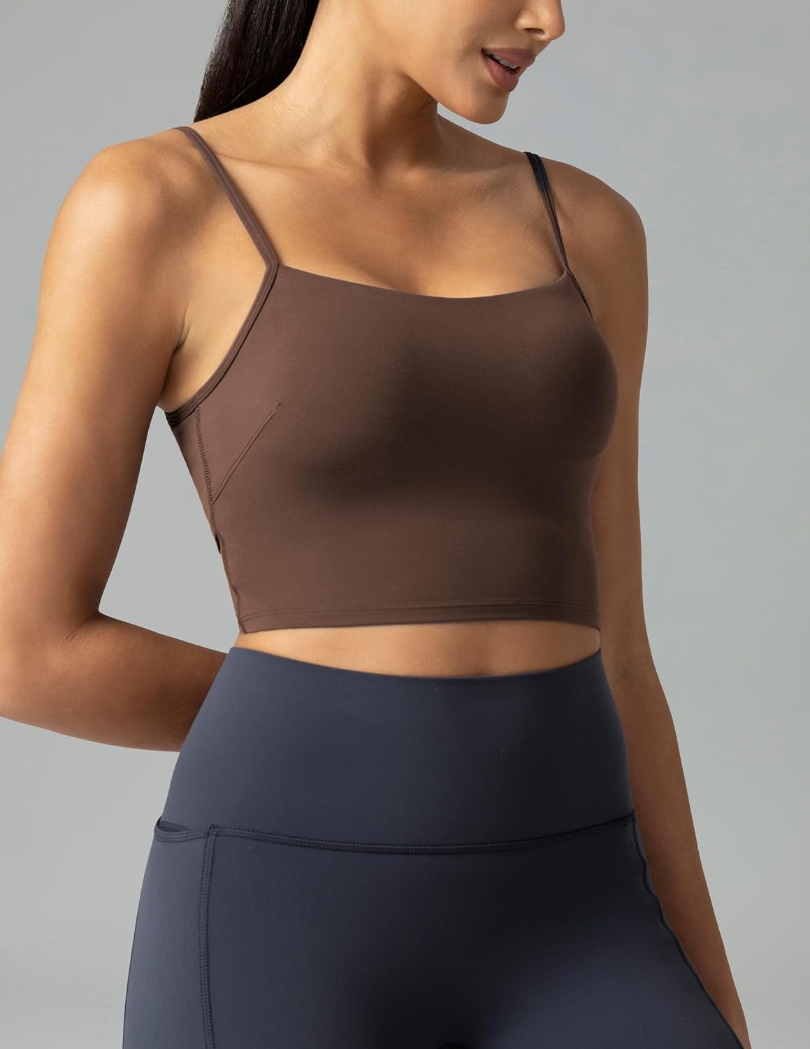 image:imageColorfulkoala Womens Dreamlux Crop Tank Tops with Built in Bra Adjustable Spaghetti Strap Workout Yoga CamisoleCocoa