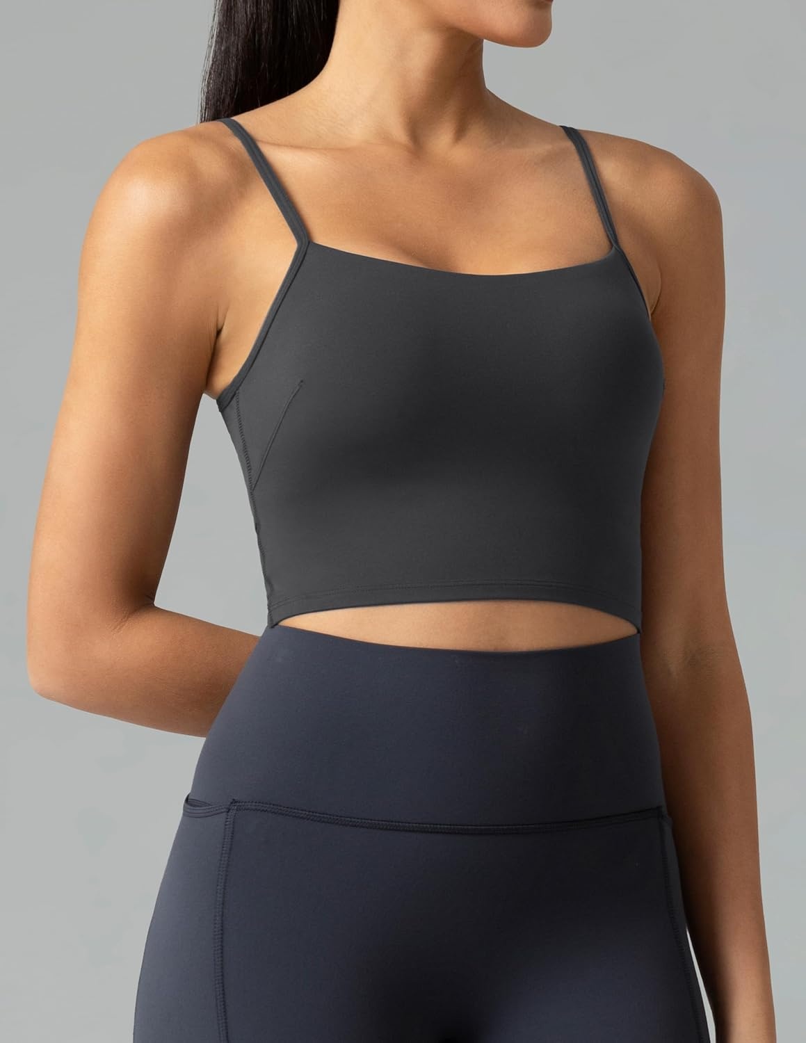 image:imageColorfulkoala Womens Dreamlux Crop Tank Tops with Built in Bra Adjustable Spaghetti Strap Workout Yoga CamisoleDark Carobon