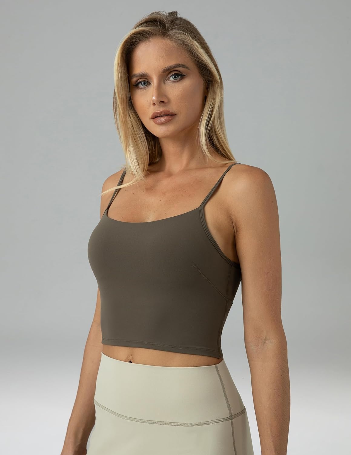 image:imageColorfulkoala Womens Dreamlux Crop Tank Tops with Built in Bra Adjustable Spaghetti Strap Workout Yoga CamisoleMajor Brown
