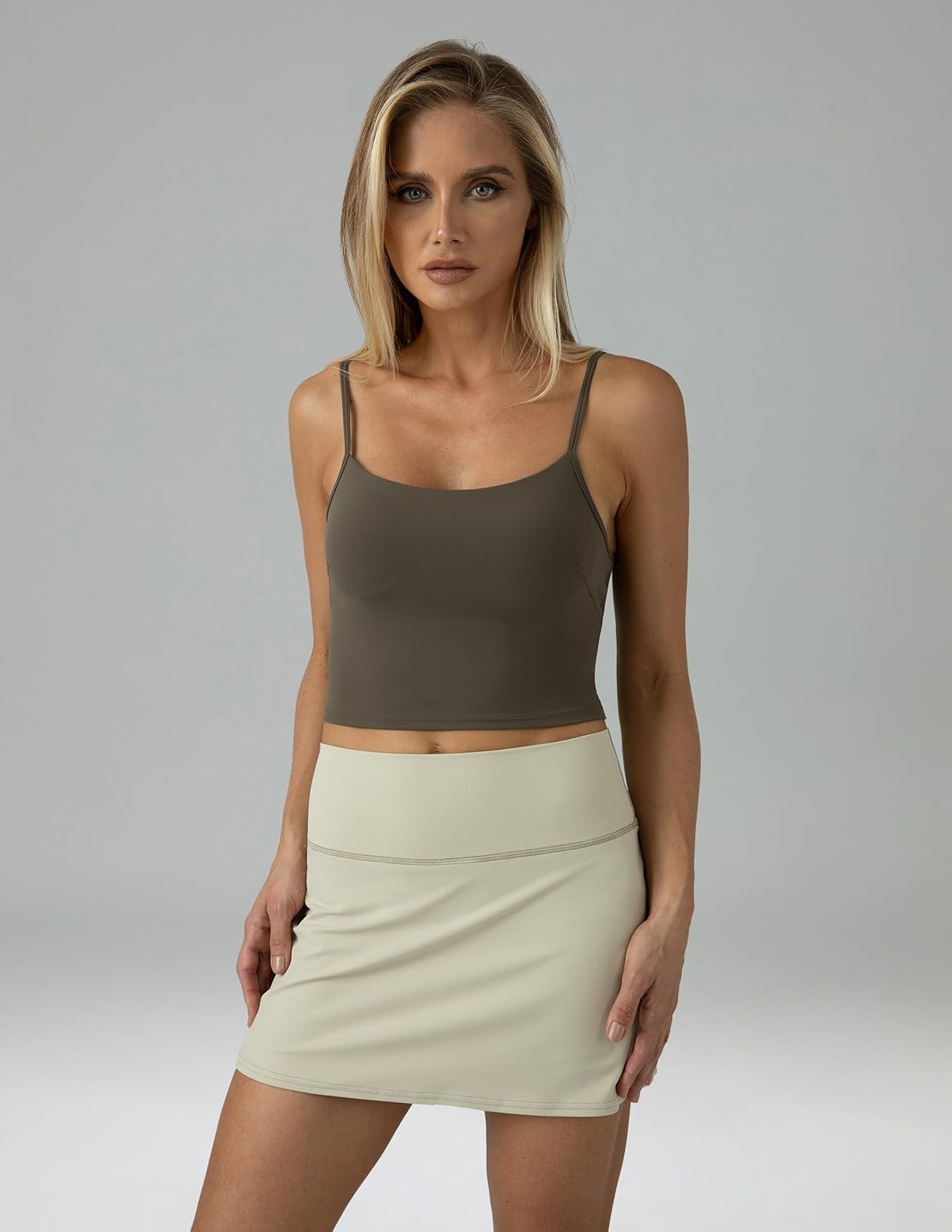 image:imageColorfulkoala Womens Dreamlux Crop Tank Tops with Built in Bra Adjustable Spaghetti Strap Workout Yoga CamisoleMajor Brown