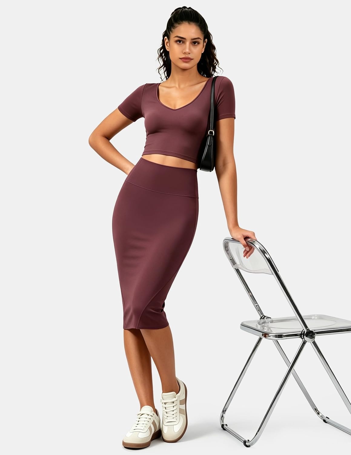 image:imageColorfulkoala Dreamlux Womens Midi Pencil Skirt High Waist Stretch Below Knee Bodycon for Office Work amp Business CasualPlum Red