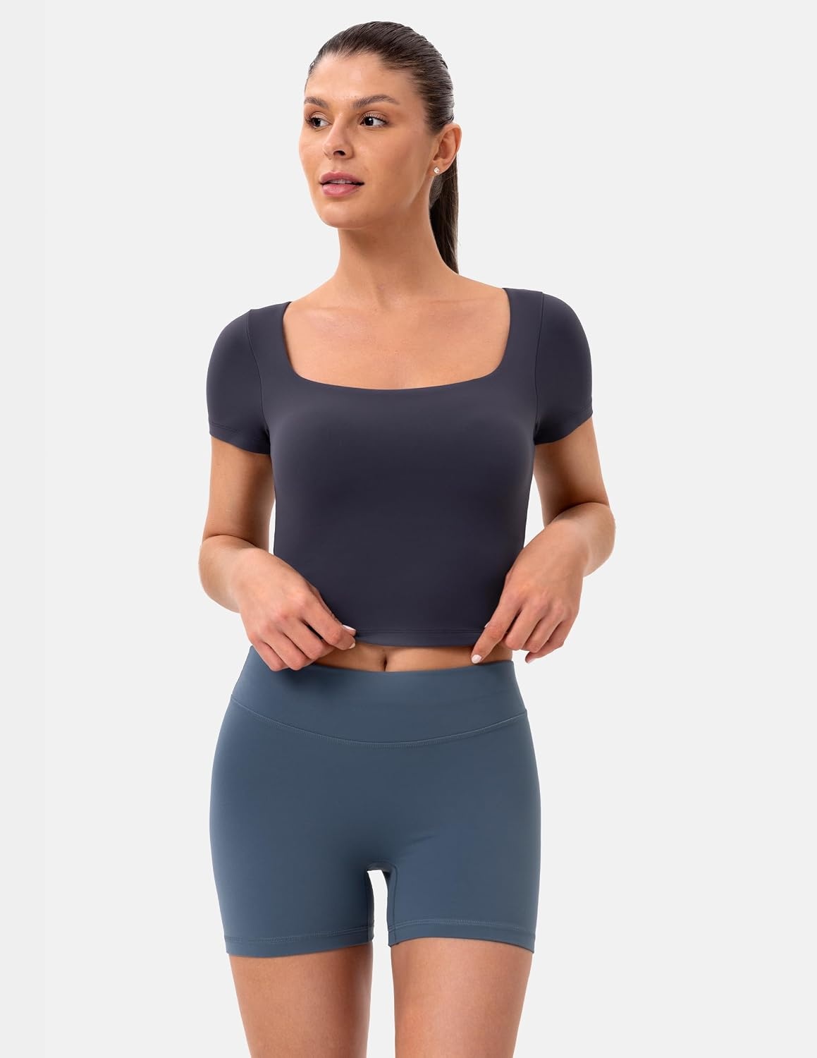 image:imageColorfulkoala Dreamlux Square Neck Short Sleeve Shirts for Women Slim Fit Basic Tops Casual Going Out TShirtBlue Ink