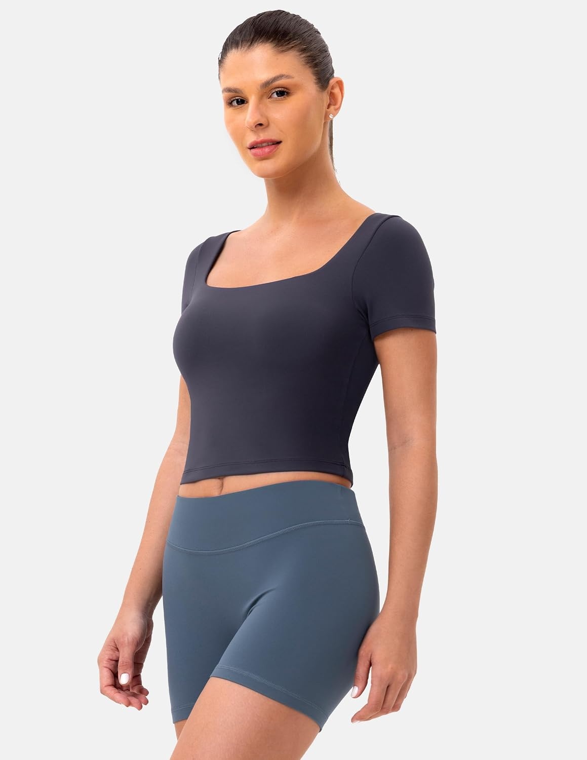 image:imageColorfulkoala Dreamlux Square Neck Short Sleeve Shirts for Women Slim Fit Basic Tops Casual Going Out TShirtBlue Ink