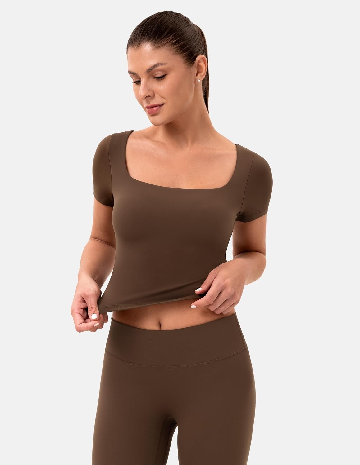 image:imageColorfulkoala Dreamlux Square Neck Short Sleeve Shirts for Women Slim Fit Basic Tops Casual Going Out TShirtCocoa