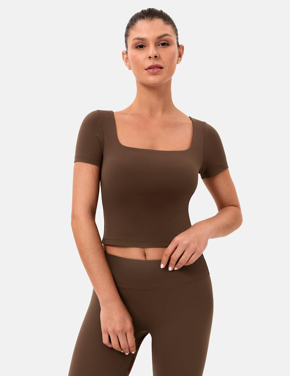 image:imageColorfulkoala Dreamlux Square Neck Short Sleeve Shirts for Women Slim Fit Basic Tops Casual Going Out TShirtCocoa