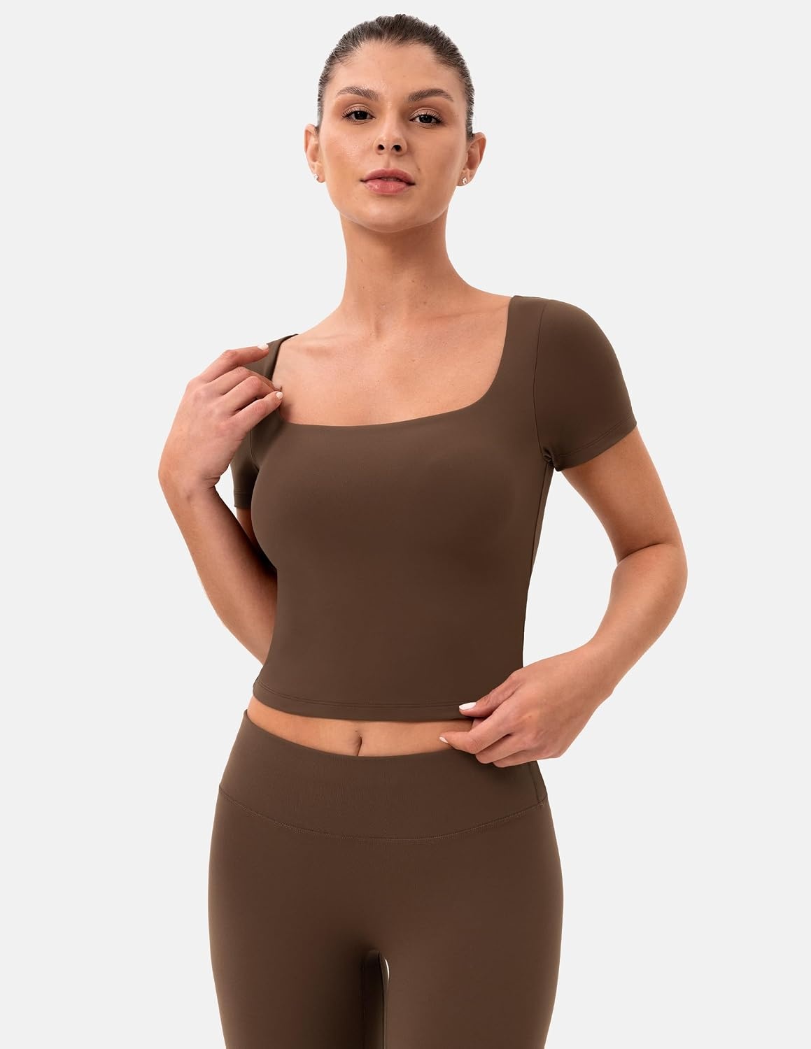 image:imageColorfulkoala Dreamlux Square Neck Short Sleeve Shirts for Women Slim Fit Basic Tops Casual Going Out TShirtCocoa