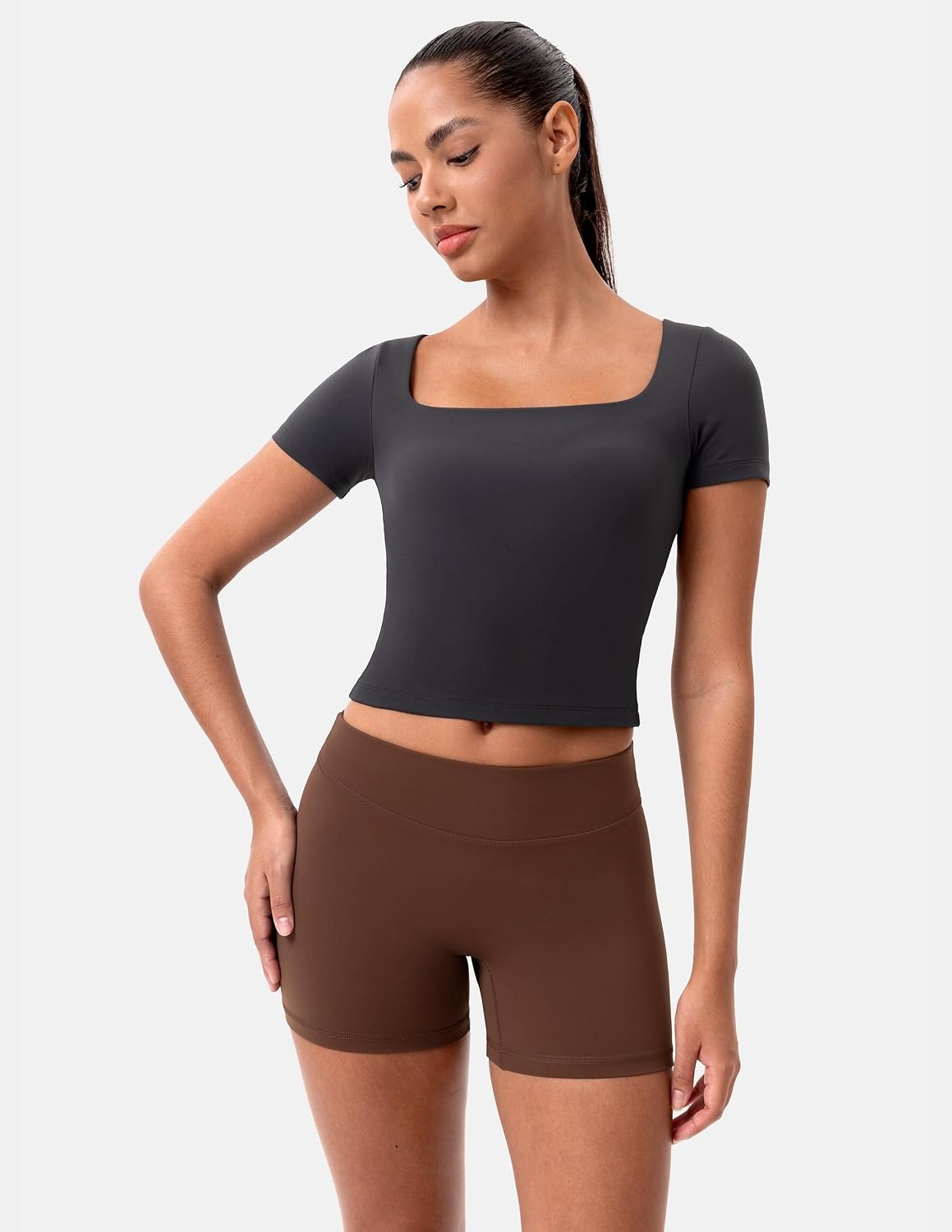 image:imageColorfulkoala Dreamlux Square Neck Short Sleeve Shirts for Women Slim Fit Basic Tops Casual Going Out TShirtDark Carobon
