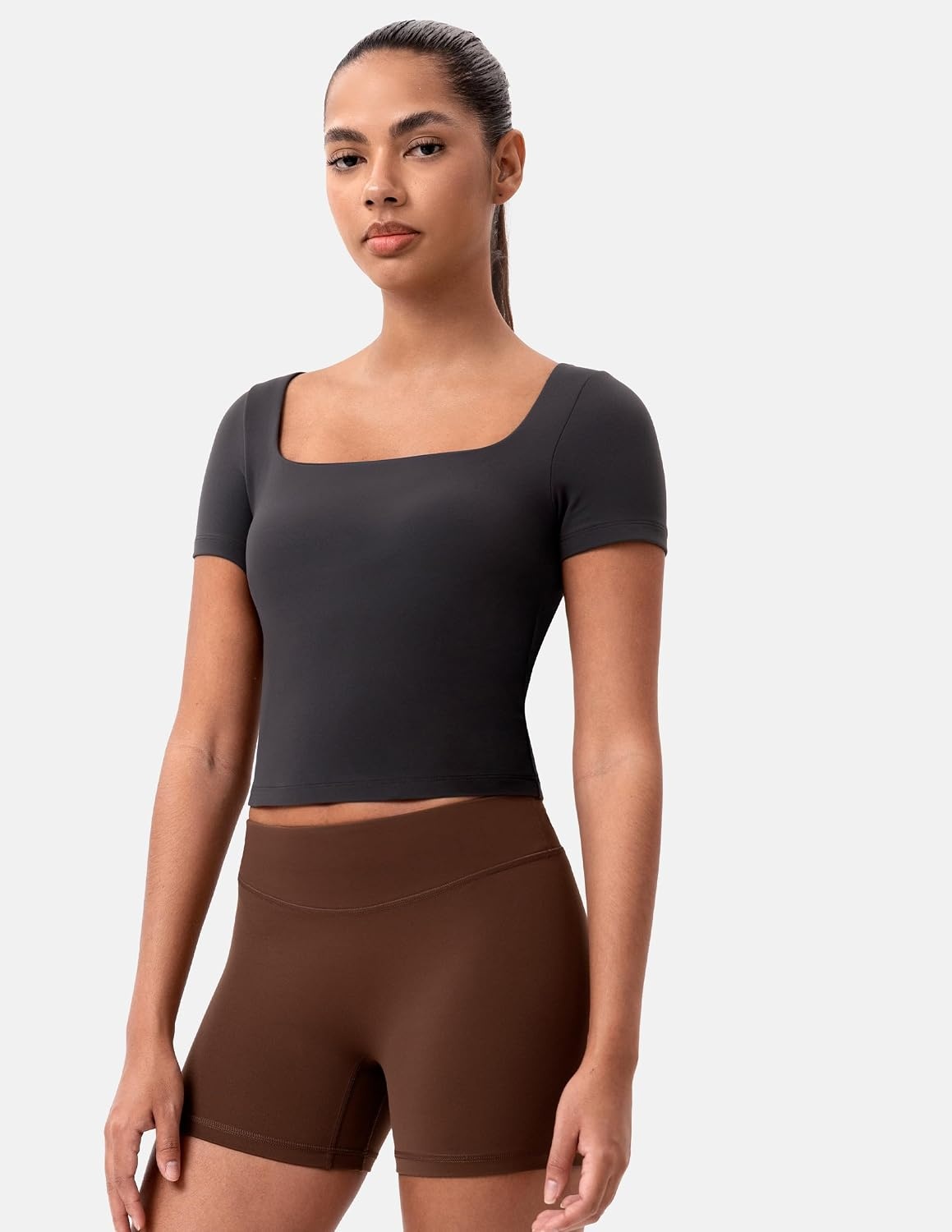 image:imageColorfulkoala Dreamlux Square Neck Short Sleeve Shirts for Women Slim Fit Basic Tops Casual Going Out TShirtDark Carobon